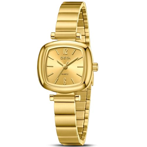 GeYa Vintage Gold Watches for Women Dainty Ladies Dressy Bracelet Watch Designer Minimalist for Small Wrist Analog Quartz Stainless Steel Classic Water Resistant Square Case