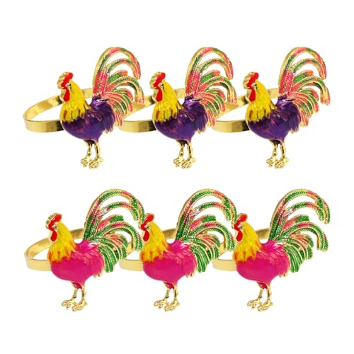 LOGOFUN 6 servilleteros de gallo con hebillas de metal para servilletas de pollito, para decoración de mesa de comedor, fiesta de Pascua, centro de mesa