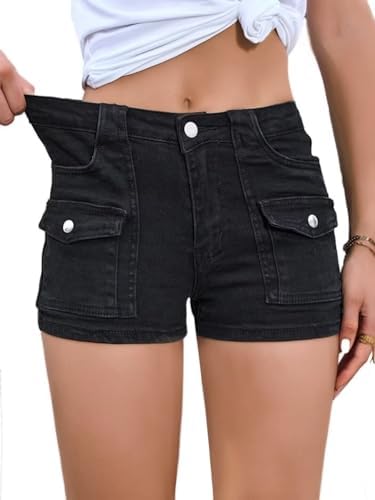 Women&#39;s Stretchy Jean Shorts Mid Waisted Twill Shorts Stretch Junior Booty Denim Shorts with Pockets Club Night