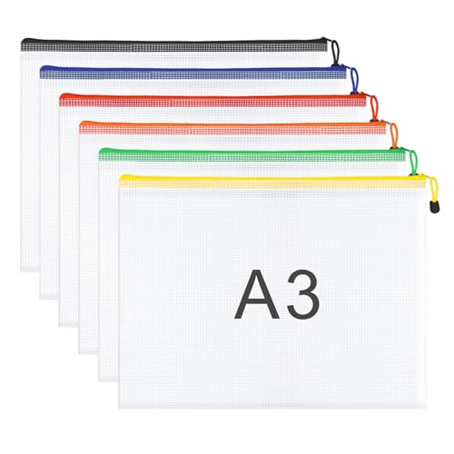 Image of WISYOK 6pcs A3 Plastic Wallets Zip, Zip Lock Bags Mesh, Plastic Folders, Document Wallets, Zip Folders, Zipper File Bags for Office, School, Travel, Home (41×31cm, 6 Colors)