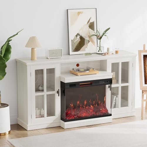 Furniwell Electric Fireplace TV Stand for TVs up to 65’’, Farmhouse Media Entertainment Center with 3-Sided Glass Fireplace, TV Console with Door Storage Cabinet for Living Room (White) - Thumbnail 2