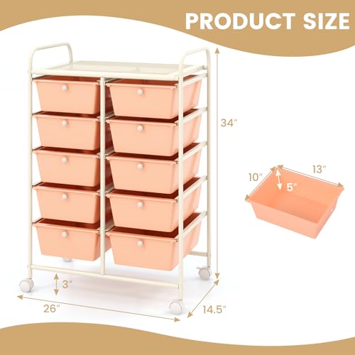 Image of LDAILY 10 Drawer Rolling Cart, Storage Cart Organizer on Wheels, Drawer Cart with Metal Frame & Large Storage Capacity, Rolling Cart with Drawers for Living Room Classroom, Office
