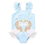 FEESHOW Mädchen Süßer Cartoon Pferd Badeanzug Bikini Tankini mit Rüschen Einteile Bademode Schwimm Urlaub Strandmode für Kinder Baby Blau 98
