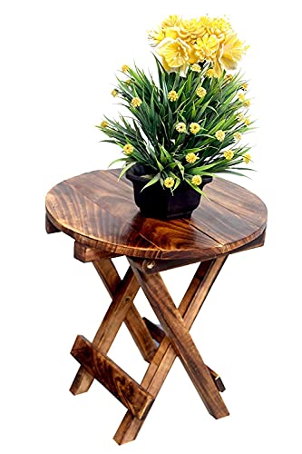 Image of Wood Well Polished And Furnished End Table /Stool With Antique Polish Multipurpose Coffee Stand Table (Round Table, 12 Inches)