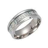 JAJAFOOK Men 8mm Wide Luminous Effect Stainless Steel Luminous Cross Jesus Band Ring Glow in The Dark,Silver 7
