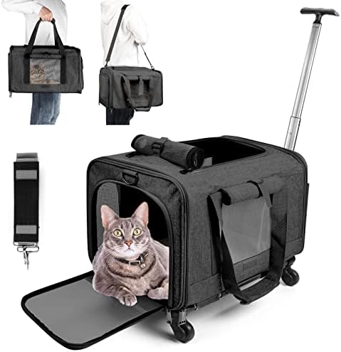 Cat Carrier Dog Carrier Airline Approved【Fit American/TSA/Delta/United Airline】 for Small Dogs or Large Cat, Cat Bag Carrier with Wheels, Folding Pet Carrier Under Seat for Walking Travel Vet Visits