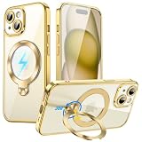 LNOLON iPhone 15 用 ケース MagSafe対応【CD模様リング 360° 回転スタンド付き・縦横両対応】メッキフレーム クリア背面 黄ばみ防止 レンズ保護 ワイヤレス充電対応 米軍MIL規格 耐衝撃 アイフォン15 用 ケース ストラップホール付き（ゴールド）