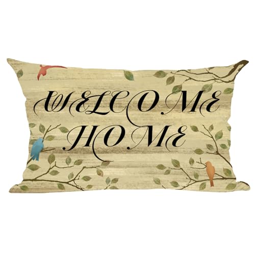 Ramirar Black Word Art Welcome Home Family Bird Retro Brown Wood Background Fall Decorative Lumbar Throw Pillow Cover Case Home Living Room Bed Sofa Car Cotton Linen Rectangular 12 x 20 Inches