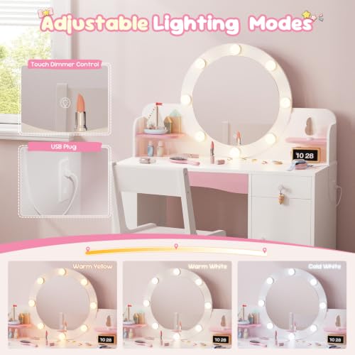 Image of Teckid Kids Vanity Table and Chair Set with Lighted Mirror Storage Drawers Shelves for Little Girls | Open Bookshelf, Shelves, Drawers and Storage Cabinet