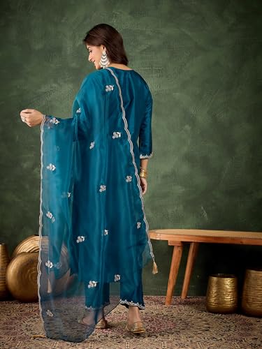 Image of VredeVogel Women's Ethnic Wear Embroidered Silk Blend Kurta Pant Set with Organza Dupatta | Festive & Casual Summer Kurti with Pants for Party Office & Ethnic Occasions