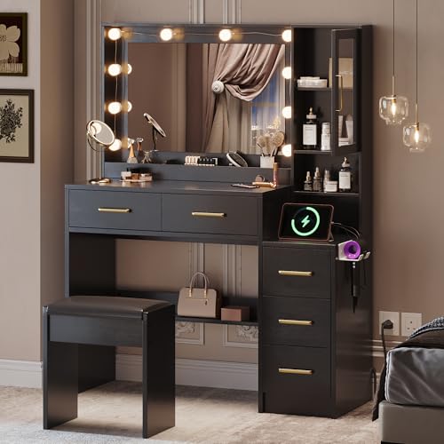 Image of 35.4 inch Black Makeup Vanity Desk with Charging Station, White Makeup Dressing Table with Mirror & Lights, 3 Lighting Modes Adjustable Brightness, Vanity Table with Power Outlet & 5 Drawers