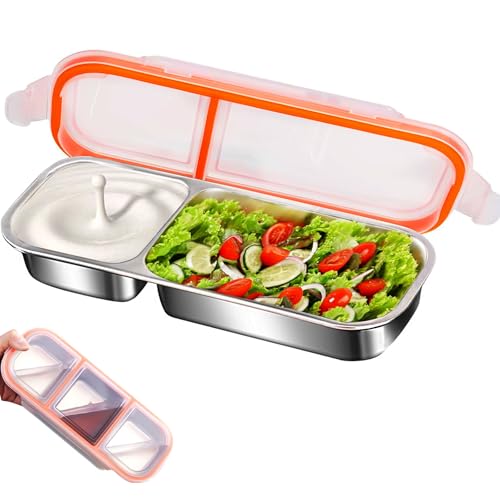 MINGRI Stainless Steel Snack Containers for Kids,2 Compartments Metal Snack Pack Box with Lids, Grab and Go Divided Food Storage Containers Sauce Cups for Travel, School,Leak-Proof,1 Pack