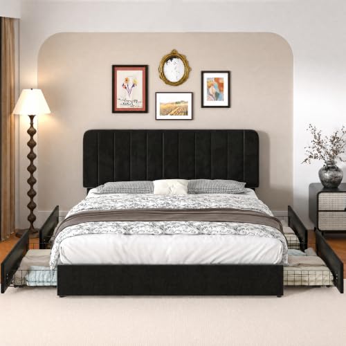 Image of VECELO King Size Upholstered Bed Frame with 4 Drawers and Headboard, Velvet Platform Storage Bedframe, Wooden Slats Support, No Box Spring Needed,Black