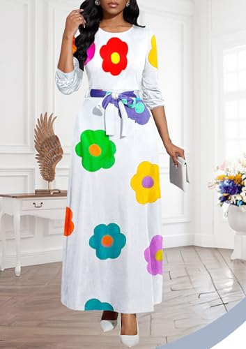 Image of Maxi Dresses for Women Casual Long Sleeve Crewneck Floor Length Dress | Floral Print,Swing,Soft Fabric,with Belt and Pockets
