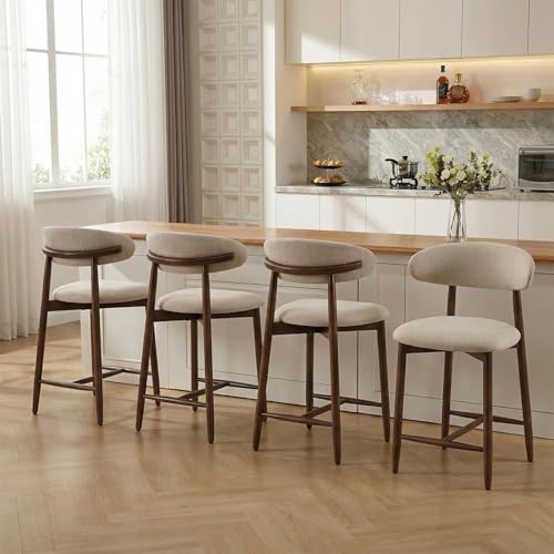 Image of Bar Stools Set of 4, 25.6″ Counter Height Bar Stools with Wood Legs, Upholstered Modern Kitchen Barstools for Kitchen Island Dining Room Bar, Beige
