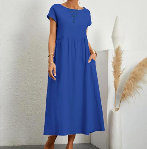 Image of BIRW Cotton Linen Dresses for Women 2025 Summer Casual A Line Flowy Dress Beach Vacation Midi Gauze Dress with Pockets