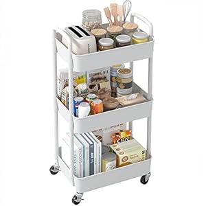 Sywhitta 3-tier Storage Rack on Wheels, Kitchen Storage Utility Cart, Rolling Storage Rack for Bedroom, Bathroom, Office, White