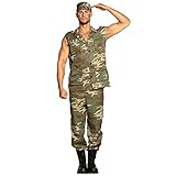 Es setzt sich aus einer Hose, einer Weste und einer Mütze im Tarnmuster zusammen