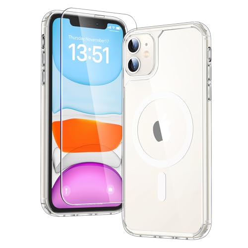 TAURI für iPhone 11 Hülle 6 1 mit Panzer Schutz Glas Folie Kompatibel mit MagSafe Schutz nach Militärstandard [Anti-Vergilbung] Stoßfest Magnetisch Handyhülle - Durchsichtig