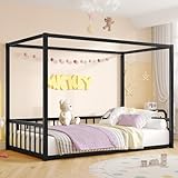 Twin Size Canopy Floor Bed with 4 Posters and Guardrails, Twin Size Montessori Floor Bed with High Fence, Anti Bump Design, Easy Assemble Montessori Beds, Heavy Duty Canopy Beds Black