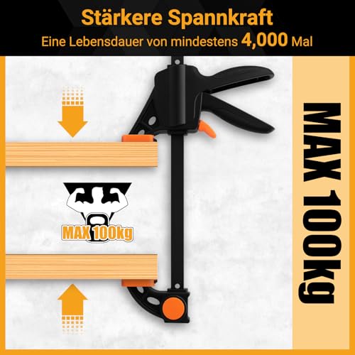 TOOLMAYS Einhandzwingen 2 Stück mit Connector, Schraubzwingen Set, Spannkraft 80kg, Spannweite 152 mm, Dehnbereich 154mm - 620 mm, Fixieren mit einer Hand