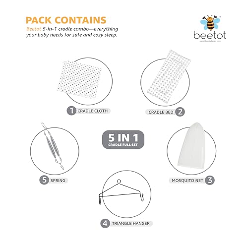 Image of Baby Swing Cradle (Jhula) for Newborns - Cloth Cradle with Removable Mattress, Mosquito Net, Spring & Triangle Hanger | Up to 15 kg | (Light Melanchi)