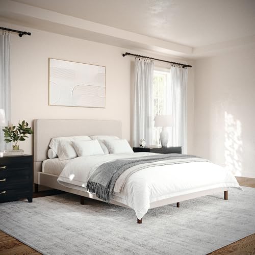 Image of Martha Stewart Britta Platform Bed with Headboard & Footboard, Faux Linen Upholstery with Piping Detail, Rounded Headboard, No Box Spring Needed, Queen, Beige
