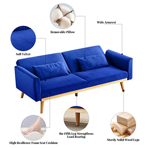 Awqm Velvet Futon Sofa Bed, Memory Foam Couch Set, Upholstered Modern Daybed Convertible Folding Loveseat Recliner With Pillows And Wooden Frame For Compact Living Room, Apartment, Dorm, Office (Blue) #TOP6