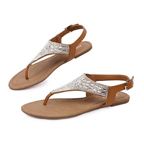 Image of BENEKER Women's Rhinestone Thong Flat Sandals T-Strap Fashion Sandals Ankle Strap Summer Gladiator Sandals
