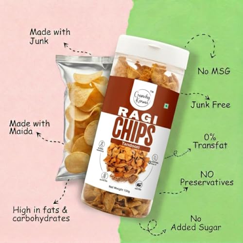 Image of Ragi Chips Tandoori Flavor | Healthy Millet Chips | Crunchy Baked Gluten Free Snack | High Fiber & Low Cholesterol Finger Millet Chips | Calcium Rich Indian Spicy Snacks | No Added Preservatives | 150g