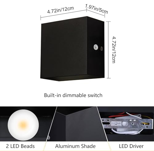 Image of 2 Pack 12W Stepless Dimmable Square Wall Sconce, Built-in Dimmer 3000K Flicker-Free COB Hardwired Aluminum Wall Lamp, Indoor Wall Light for Bedroom Kids Room Hallway