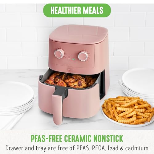 GreenLife 4.5QT PFAS Free Ceramic Non Stick Air Fryer with Adjustable Temperature Timer Dial LED Indicator and Dishwasher Safe Drawer
