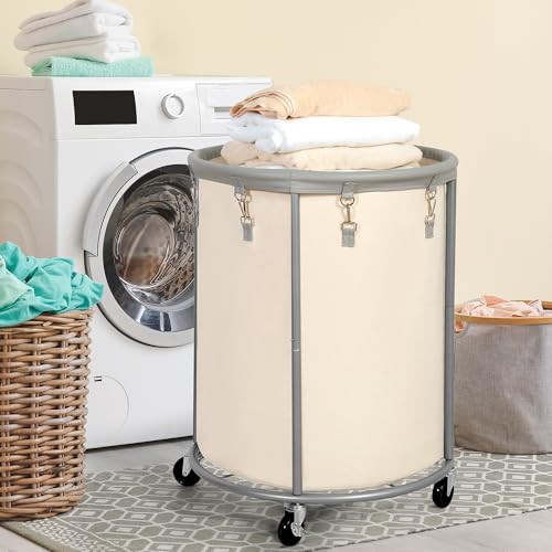 STO STO Rolling Laundry Hamper with Wheels – 185L (48 Gallon) Extra Large Industrial Clothes Laundry Basket with Removable Bag, Round Cart Sorter for Bedroom, Hotel, Beige & Gray by STO STO - Image 8