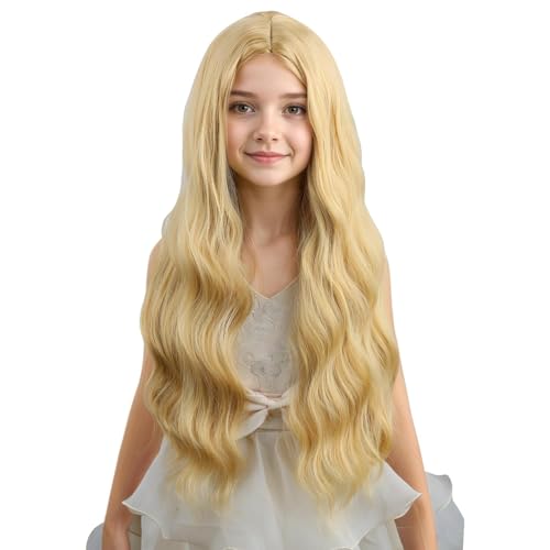 Ufindcos Blonde Wig for Kids Long Blond Wig Long Wavy Curly Child Wig Blonde Wig for Girls Middle Part 20 inches Synthetic Wig with Wig Cap