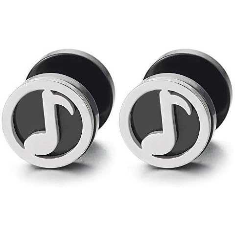 Mens Womens Silver Black Music Sign Quaver Circle Stud Earrings, Steel Cheater Fake Ear Plugs Gauges Cover
