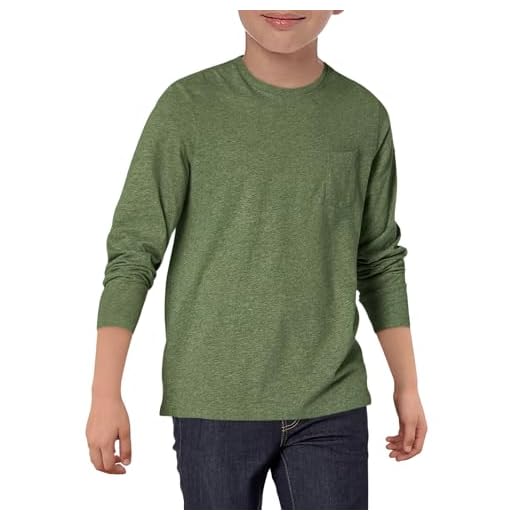 Haloumoning T-shirt à manches longues pour garçon - Col rond - Couleur unie - Manches longues - Haut de sport décontracté - Avec poche poitrine - 5-14 ans, Vert armée., 9-10 ans