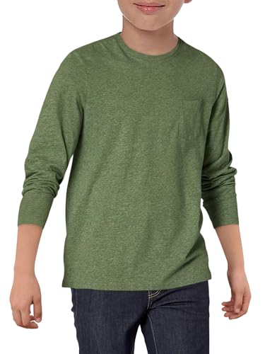 Haloumoning Camisa de manga larga para niños, camiseta básica de cuello redondo, de un solo color, con bolsillo en el pecho, casual, para niños de 5 a 14 años, Verde militar., 13-14 años