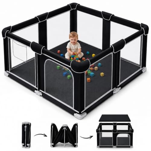 Image of Foldable Playpen for Babies and Toddlers, 50 inchx50 inch Portable Play Yard with Mat, Kids Collapsible Play Pen with Sturdy Metal Frame & Mesh Walls, Indoor & Outdoor Baby Fence Play Area
