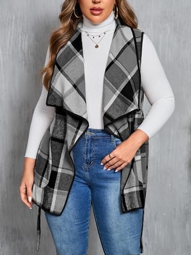 ZOMVA Women's Plus Size Plaid Long Vest Lapel Open Front Belted Sleeveless Shacket Casual Jackets Coat with Pockets Fall3