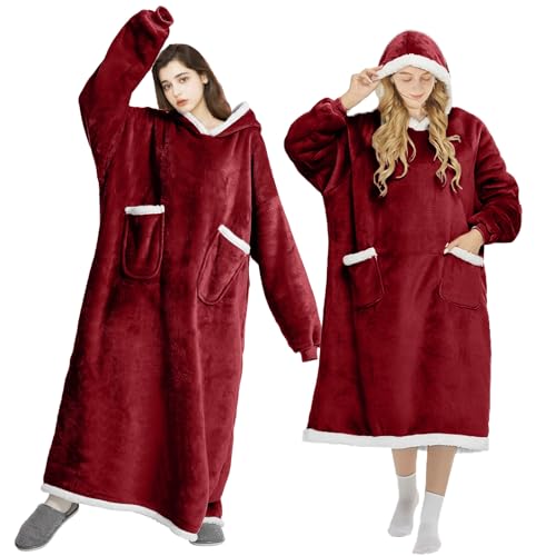 FEELJAM Coperta con maniche donna Coperta con cappuccio da uomo Coperta accogliente con maniche Per coperta TV per adulti (Rosso, 180 di lunghezza)