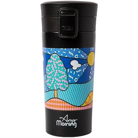 Any Morning Stainless Steel Coffee Tumbler for Hot Drinks with Non-Slip Base, Vacuum Insulated Double Wall, Leak Proof Lid | Insulated Coffee Travel Mug, Coffee Mug Fits in Car Cup Holder 13 Oz, Black Cover