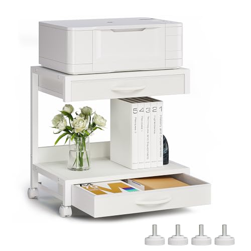VENNQD 2-Tier Desktop Printer Stand with 2 Fabric Drawers, Prtiner Table with Storage Shelf, Desk Organizer for Home Office,3D Printer,Fax Machine,Scanner (White, 2 Tier)