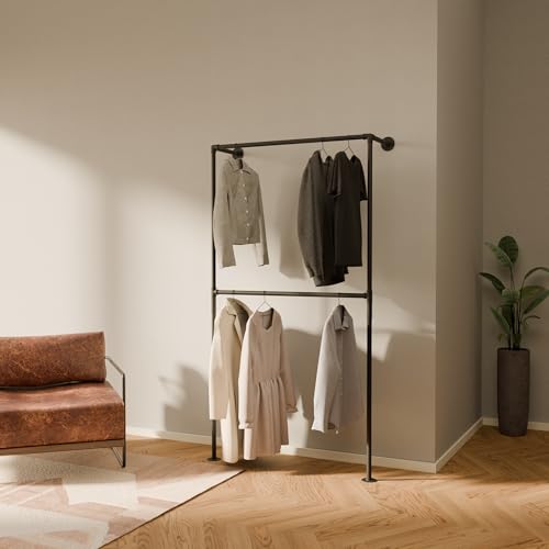pamo Industrial Pipe Clothing Rack - 355 lbs Capacity - Wall Mounted Clothes Rack and Walk In Closet for Wardrobe