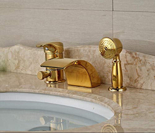 Shower & Bath Taps Tub Taps LED Deck Mounted Shape Tub Faucet Golden Finish Tap 3pcs W/Hand Shower Mixer Tap