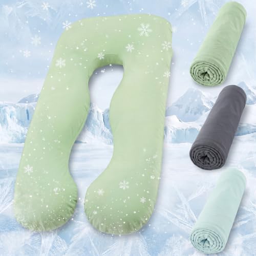 Image of Hahafelt 3 Pcs Cooling U-Shaped Pregnancy Pillow Covers, Soft Breathable Fit for 55 inchx31 inch Body Pillow, U Shaped Body Cover Provides Sleep and Pregnancy Support (Forest, Cool)