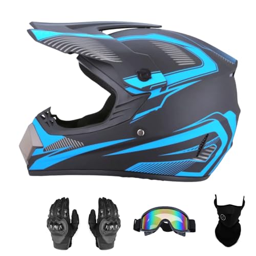 Senhill Casco Motocross ATV Dirt Bike Casco DOT Unisex Joven Casco de Moto con Guantes Gafas Máscara (Azul Cielo, L)