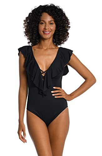 La Blanca Women's One Piece Swimsuit Over The Shoulder Ruffle Sleeve Tummy Control Island Goddess Bathing Suit