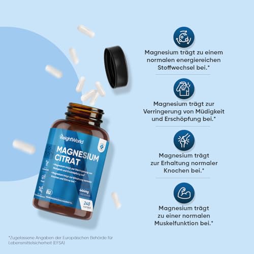 Magnesiumcitrat Kapseln gepuffert - 444mg Elementares Magnesium pro Portion - 240 vegane Kapseln - 4 Monate Vorrat Magnesium trägt zur Verringerung von Müdigkeit & Erschöpfung bei (EFSA) - WeightWorld – Bild 7