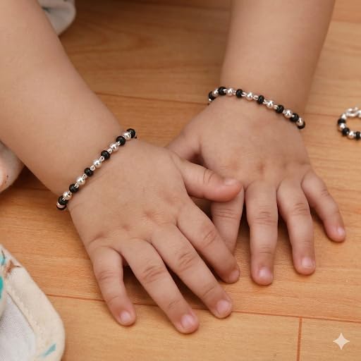 Image of Njels 925 Silver Nazariya for Baby Boy and Baby Girls | New Born to 3 years Age | 5.5 Inch Plus 1.0 Inch Extension Chain | 925 Stamped Silver Bangles for Baby Girl