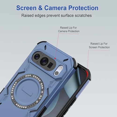 Image of amazon basics Back Case Cover for Google Pixel 10 Pro | Magnetic Case with Built-in Metal Ring | Supports MagSafe Charger, Wallet & Car Mount | Shockproof Hybrid PC + TPU | Blue